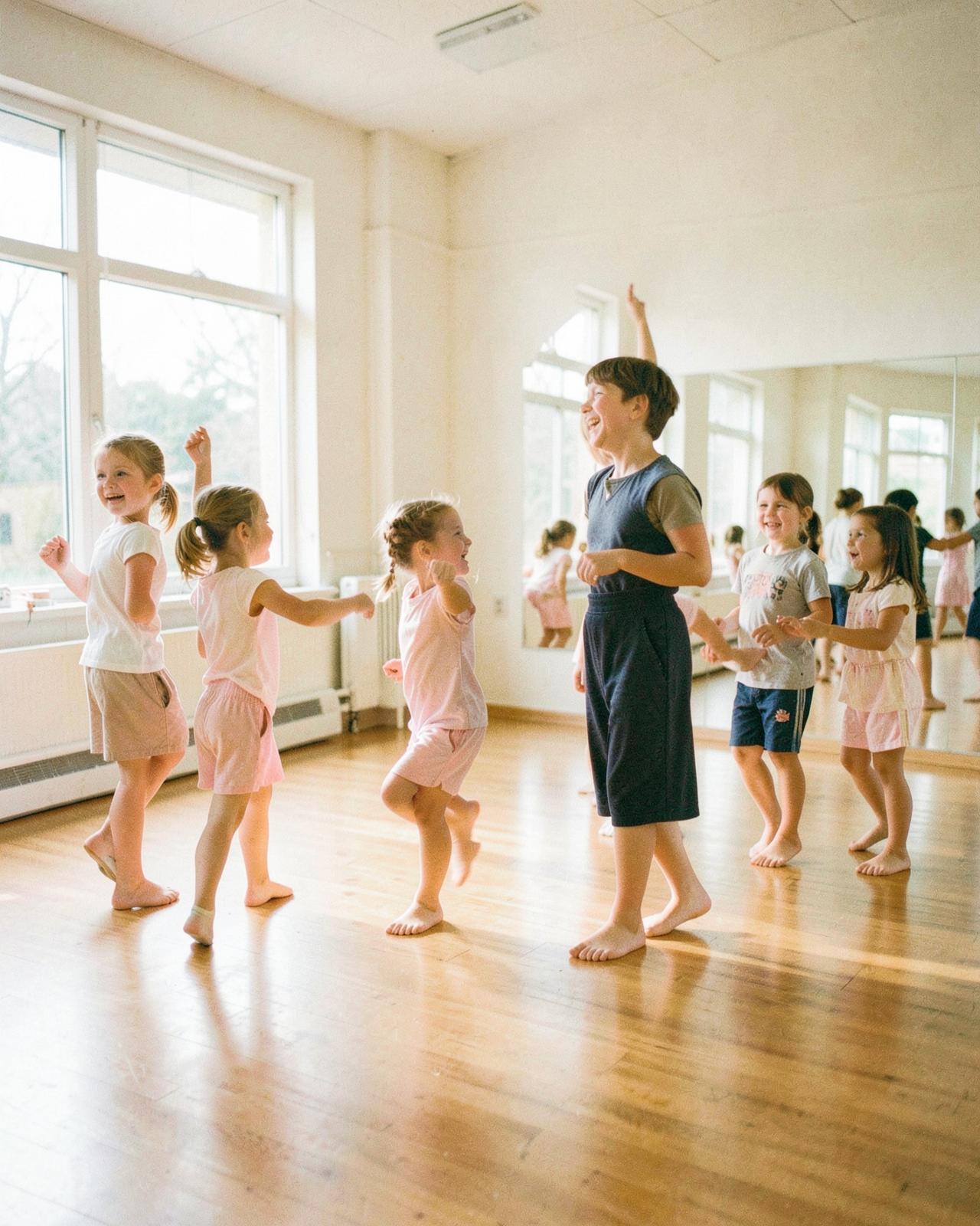Bambini durante una lezione di danza in una sala luminosa con parquet e specchi